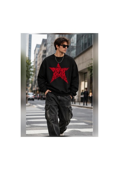 Velora Grup Unisex Yıldız Desenli Oversize Bisiklet Yaka Triko Şık Kazak Siyah - 938183299 Siyah