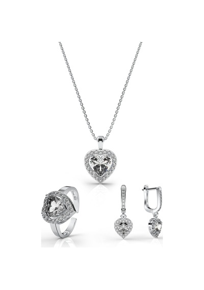 925 Ayar Zirkon Taşlı Rodyum Pırlanta Işıltılı Kalp 3'lü Gümüş Set-takım Ayarlanabilir Rs10051 Gümüş