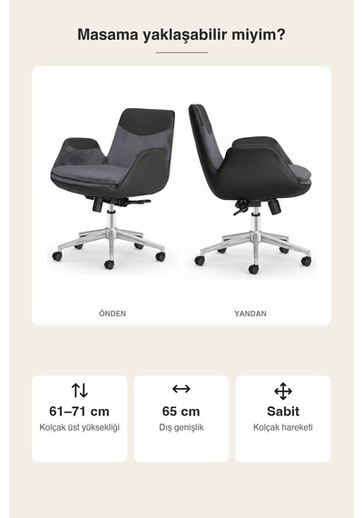 Upstyle Lodos Kumaş Ergonomik Çalışma Koltuğu Füme Krom 65 90 65 Cm
