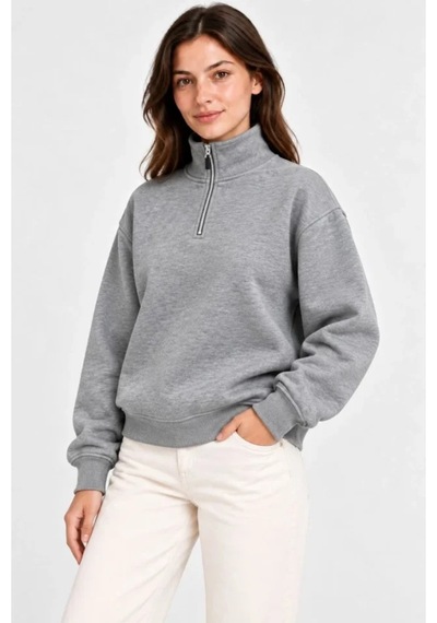 Butik İstanbul Üç İplik İçi Şardonlu Dik Yaka Yarım Fermuarlı Kışlık Sweatshirt - Gri