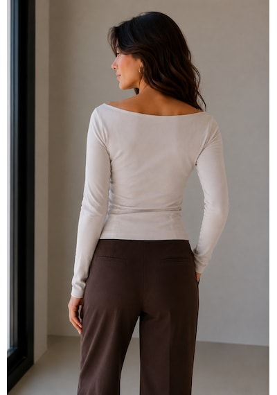 Sortie Collection Kayık Yaka Uzun Kollu Fit Bluz Taş
