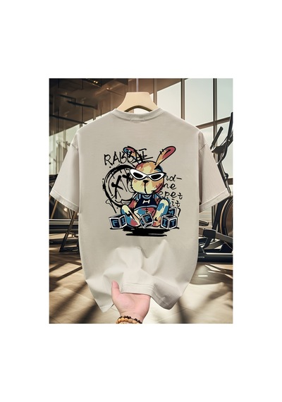 Caddemia Yaz  Moda Rahat Gevşek Siyah Tavşan Karikatür Desen Baskılı Yuvarlak Bo Bej 2XL