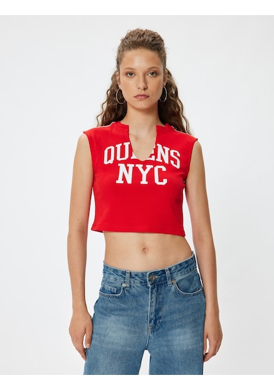 Koton Crop Üst V Yaka Slogan Baskılı Kolsuz Slim Fit Kırmızı 4sal30325ık Kırmızı