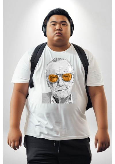 Angemiel Stan Lee Beyaz Büyük Beden Kadın Erkek Ünisex Basic Ön Baskılı Tişört Beyaz