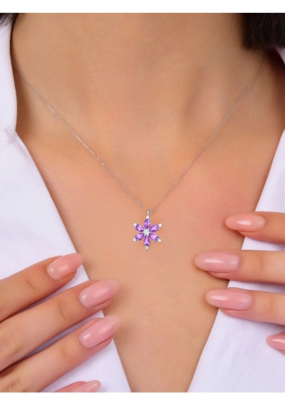 Brezza Lusso Jewelry 925 Ayar Lotus Çiçeği Ametist Taşlı Kadın Gümüş Kolye 40772463 42 CM 42 CM