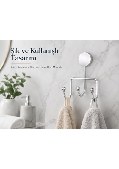 İris Krom Kaplama Üçlü Askılık, Yapışkanlı Ve Vidalı Montajlı Duvar Askısı, 35 Mm Oval Bantlı Banyo Mutfak Antre Askısı