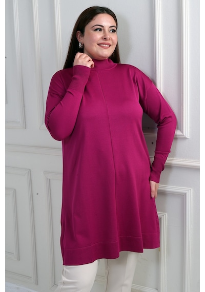 By Saygı Kadın Yanları Fermuarlı Büyük Beden Tunik Bluz Fuşya