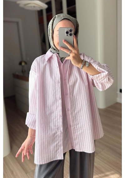Kahijab Önü Katlı Çizgili Gömlek - Pembe