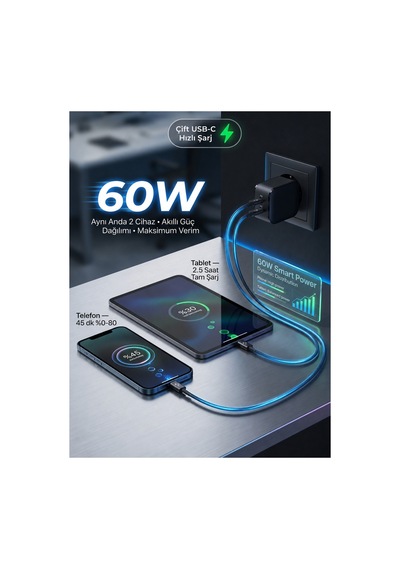 60w Çift Portlu Usb-c Hızlı Şarj Aleti Pd Type-c To Type-c Örgü Kablolu Adaptör