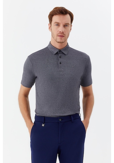 Sabri Özel Erkek Gri Dar Kesim Slim Fit Pamuklu Dokuma Düğmeli Polo Yaka Tişört Siyah