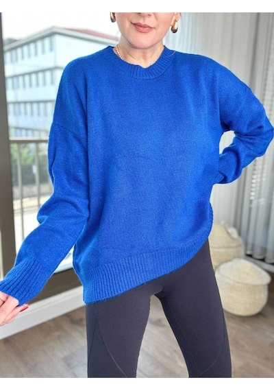 Kozia Outdoors Bisiklet Yaka Salas Oversize Triko Kazak Mavi