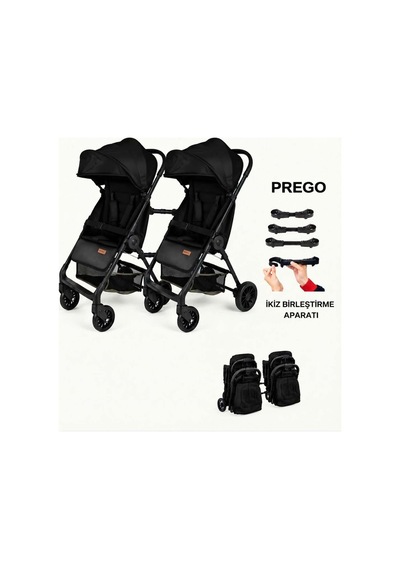 Prego İkiz Apartlı Birleşip Ayrılan Yan Yana İkiz Kabin Boy Bebek Arabası Siyah1