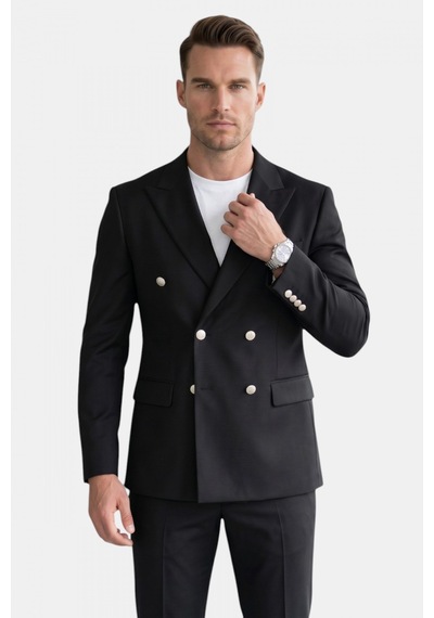 Deep Sea Deepsea Erkek Siyah Slim Fit Kruvaze Takım Elbise Likralı Çizgili Dokulu Metal Düğmeli 2600820