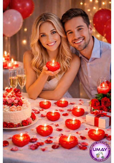 7 Adet Kırmızı Kalpli Ledli Mum, Tealight Mum Pilli, Led Işıklı, Kutlama, Doğum Günü, Kına, Düğün