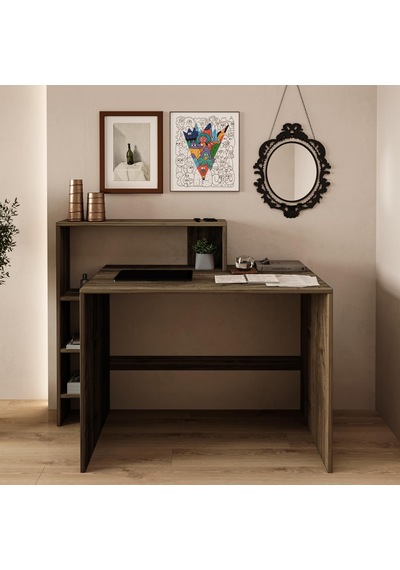 Amber Çalışma Masası Raflı, Modern Bilgisayar Masası, İstanbul Ceviz Çok Renkli