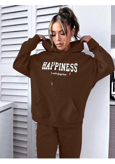 Happiness Eşofman Takımı Sweatshirt Jogger - Kahverengi Baskılı Oversize Şardonlu Kapüşonlu Kahverengi Happiness Eşofman Takımı Sweatshirt Jogger - Kahverengi Baskılı Oversize Şardonlu Kapüşonlu Kahverengi