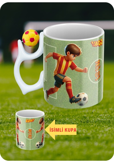 Sarı Kırmızı Futbol Toplu Sarı Kırmızı Forma Oyunculu Taraftar İsimli Baskılı Kupa Bardak Beyaz
