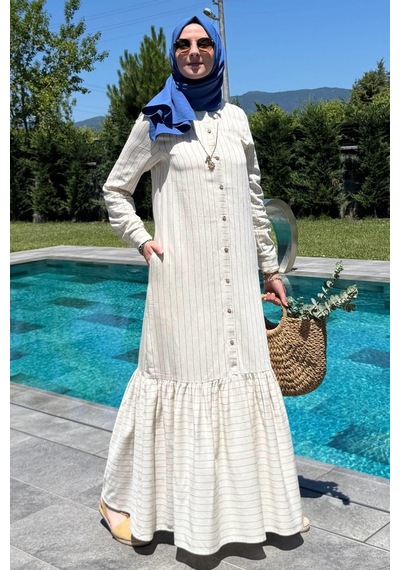 Rabia Şamlı Süreyya Çizgili Gömlek Elbise İndigo Normal