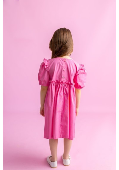Oliventhekid Robadan Fırfır Büzgülü Kolları Lastikli Poplin Kız Çocuk Elbise Pembe Pembe
