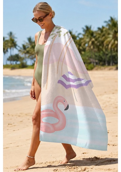Flamingo Tropikal Palmiyeli Çocuk Plaj Havlusu - Pastel Pembe Modern Hızlı Kuruyan Mikrofiber Havlu Çok Renkli