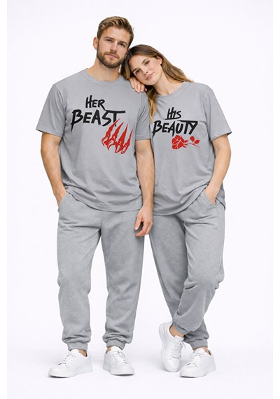 Sevgili Kombini Her Beast His Beauty Oversize Çift Tişört Unisex Çok Renkli