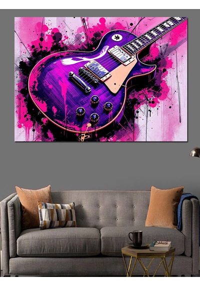 Mor Elektro Gitar Patlaması Dekoratif Kanvas - Mdf Ahşap Tablo