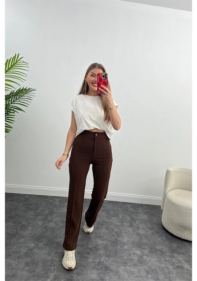 Winmoda34 Yüksek Bel Çimalı Palazzo Kumaş Pantolon Nevrulu kahve