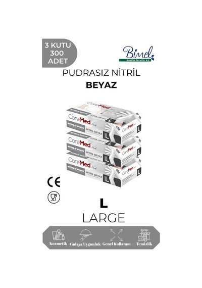Nitril Beyaz Muayene Eldiveni L - 3 Paket 100 Lü