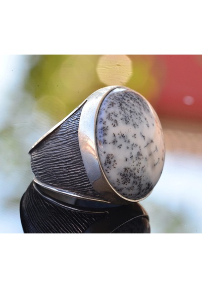 Gerçek Dendritik Opal Taş Yüzük - Büyük Yüzük - 925 Ayar Gümüş Gümüş