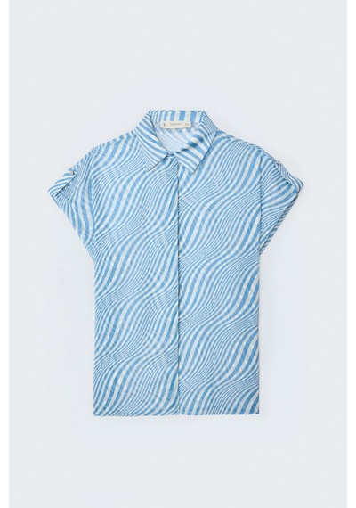 Sateen Kısa Kollu Zebra Desenli Gömlek - Mavi-137643