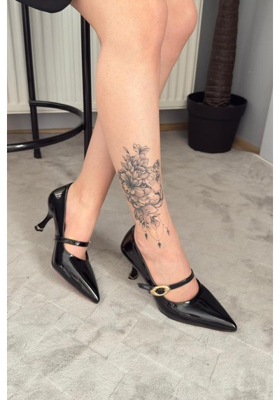 Preshley Kadın Sarah Siyah Rugan 7cm Ince Topuk Önden Tokalı Ayakkabı Stiletto Siyah