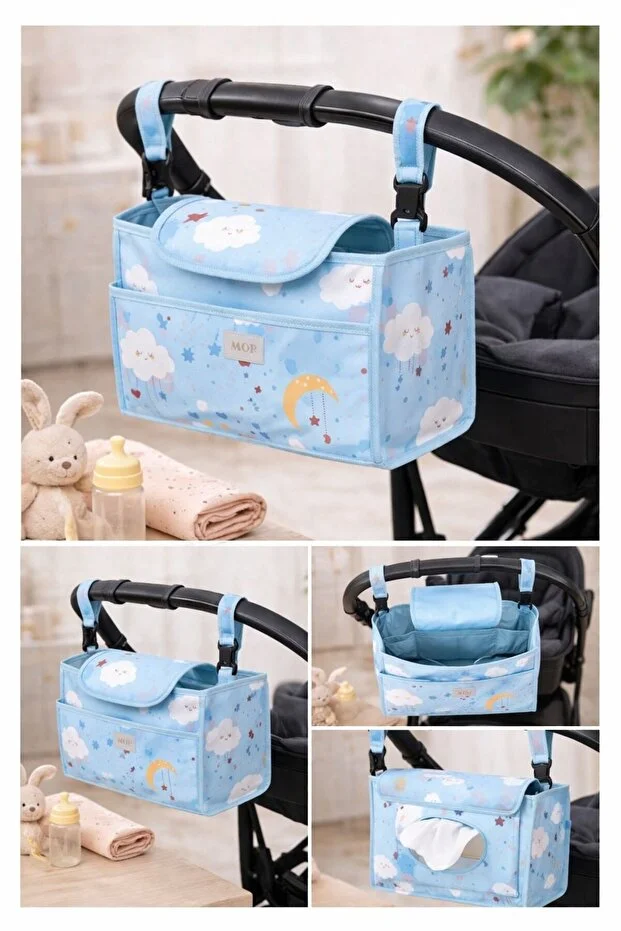 Lüx Premium Bebek Arabası Organizer Çanta - Çok Bölmeli - Biberon Gözlü Stroller Organizer Mavi