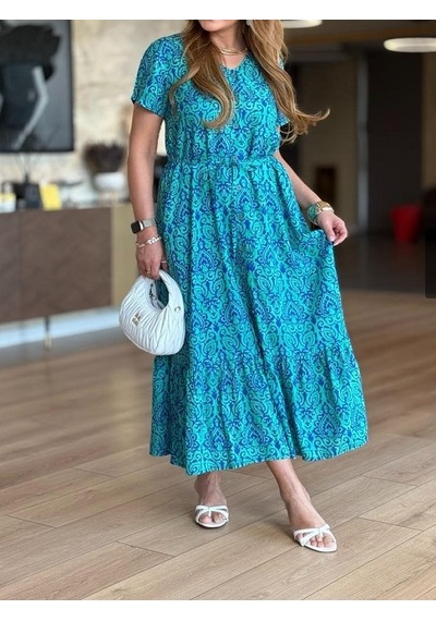 Mirve Butik Etnik Desenli Gömlek Elbise Mavi - Yeşil