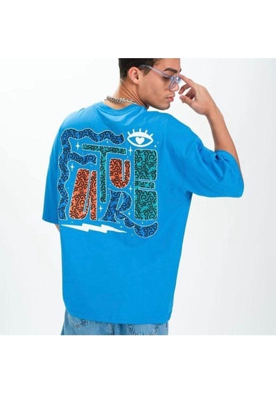 Flood Of Style Erkek Mavi Future Baskılı Oversize Bisiklet Yaka Tshirt