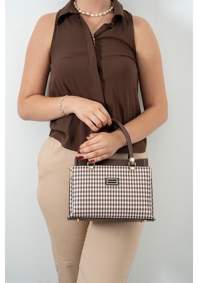 Silver Polo Sp826 Kadın El Çantası Ekose Line Kare Kahve Sarı-kahve
