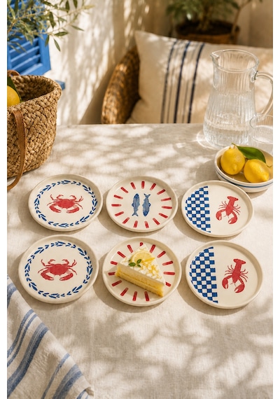 Coastal 6 Lı Seramik Pasta Ve Servis Tabağı Seti 20 Cm Deniz Desenli Akdeniz Sofra Takımı Beyaz