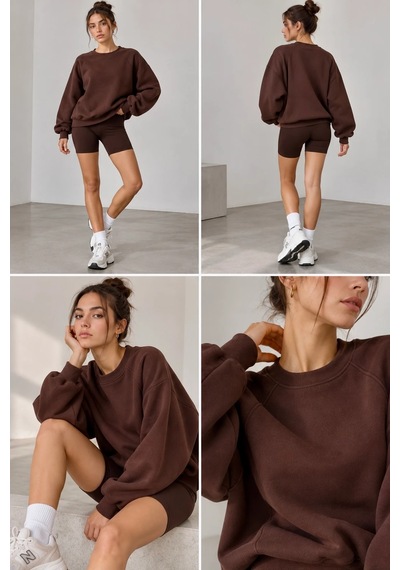 Bbbutikbasic Kadın Şardonlu 3 İplik Kısa Reglan Kol Sweatshirt My3535 Kahverengi