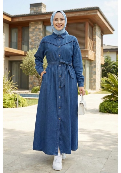 Hb Harma Time Butik Kadın Düğmeli Kuşaklı Koyu Kot Mavi Tesettür Elbise Koyu Mavi Hb Harma Time Butik Kadın Düğmeli Kuşaklı Koyu Kot Mavi Tesettür Elbise Koyu Mavi