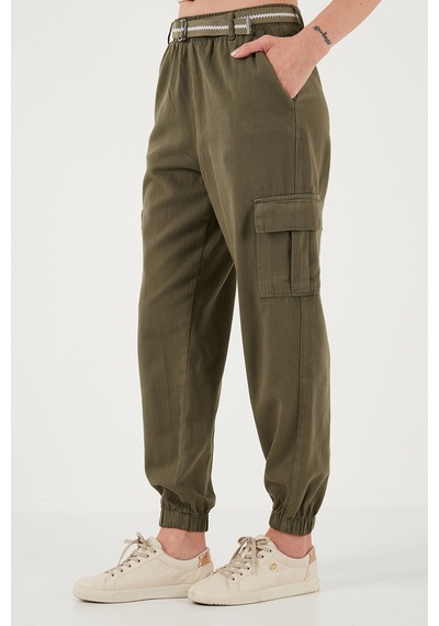 Lela Pamuklu Standart Fit Normal Bel Lastikli Paça Kemerli Jogger Bayan Pantolon 668Yp5045 Haki