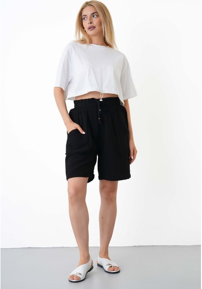 The Voler Müslin Şort Kadın Yüksek Bel Oversize Rahat Kesim Cepli %100 Pamuklu Yazlık Şort Siyah The Voler Müslin Şort Kadın Yüksek Bel Oversize Rahat Kesim Cepli %100 Pamuklu Yazlık Şort Siyah