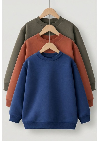 Zuzunga 3'lü Basic Şardonlu Çocuk Sweatshirt Kahverengi-haki-lacivert
