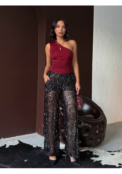 Verymoda Pullu Tül Pantolon F1611 Siyah