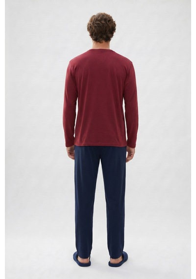 Tudors Erkek Standart Fit Rahat Kesim Uzun Kollu Pamuklu Bordo Lacivert Pijama Takımı-51176