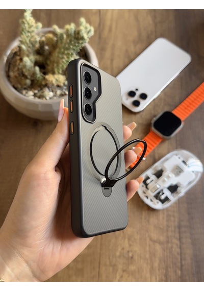 Samsung Galaxy S24 Uyumlu Karbon Desenli Standlı Ve Magsafe Uyumlu Kılıf Soocase700 Siyah