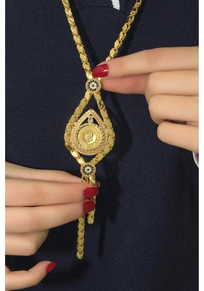 8 Ayar Çeyrekli Taşlı Pullu Kolye Sarı Altın