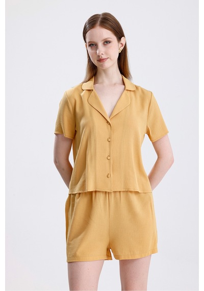 Kadın Şortlu Yazlık Pijama Takımı Kısa Kollu, Hafif Kumaşlı Ev Giyim Sarı