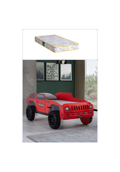 Arabalı Yatak, Jeep Arabalı Yatak - Kırmızı + 1 Adet Comfort Yatak