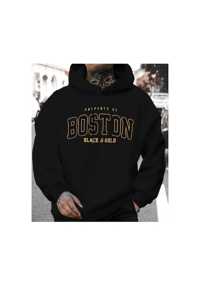 Herkesemoda Boston Baskılı Kapşonlu Siyah Sweatshirt Siyah