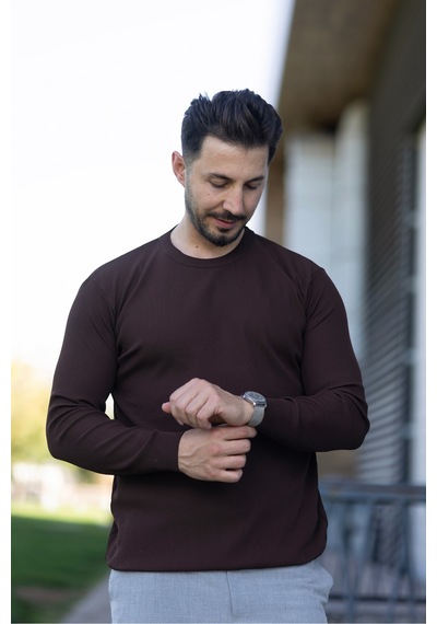 Hk Premium Erkek Fitilli Slim Fit Bisiklet Yaka Triko Kazak Kahverengi