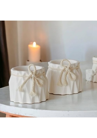 İkili Set, İskandinav Tarz Beyaz Beton Saksı - Minimal Dekoratif Saksı Seti